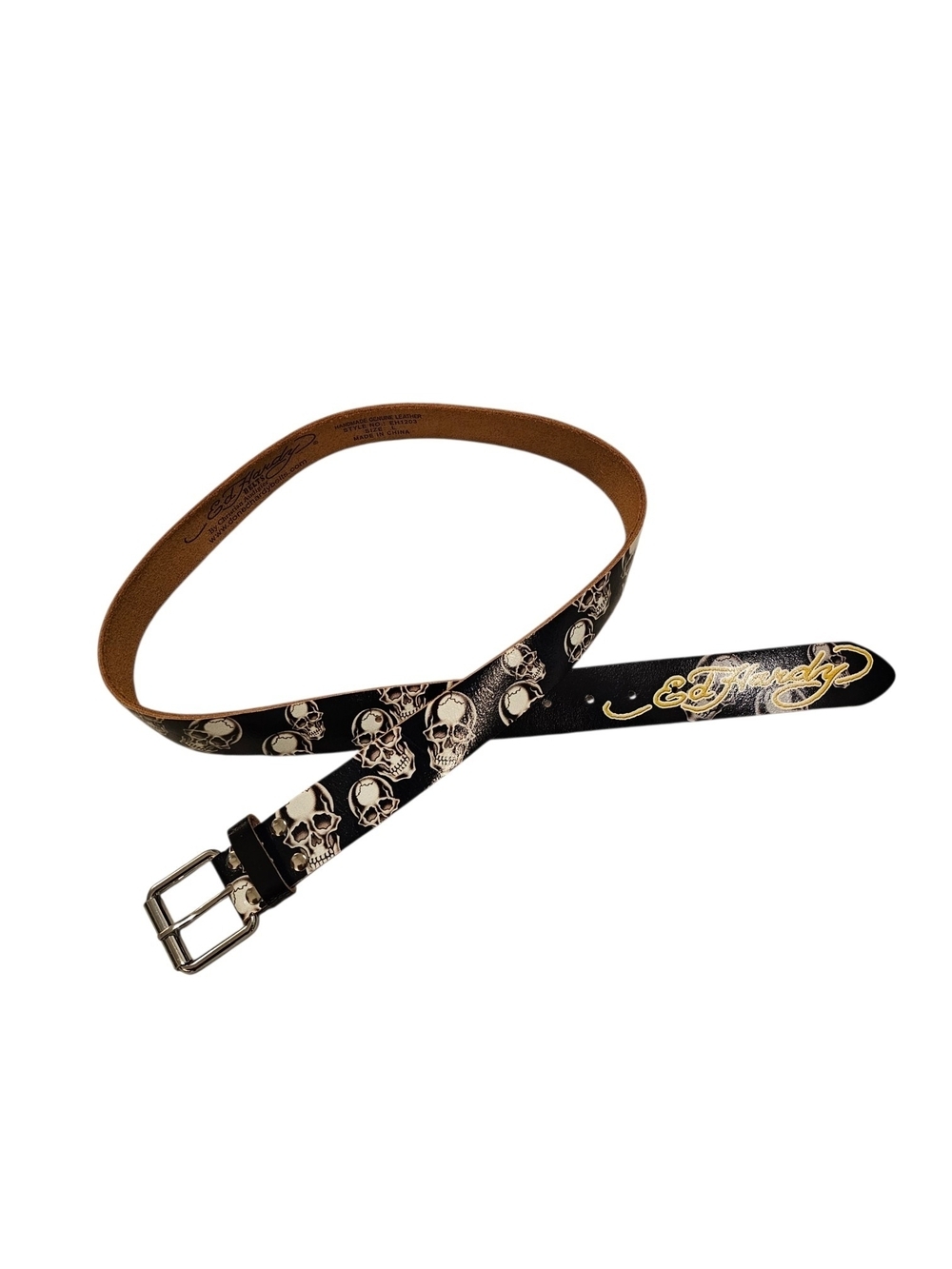 Y2k Ed Hardy Black Leather Belt with Cream Skull Motif and Gold Script
